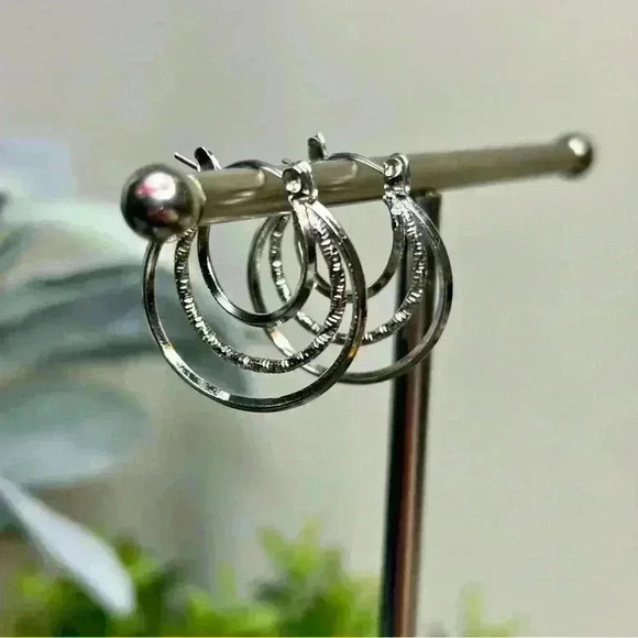 Silver Tone Three Loop Hoop Earrings - Picture 1 of 2
